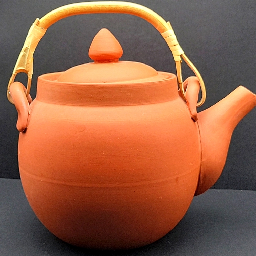 Vtg Red Terracotta Bamboo Handle Teapot with Infuser